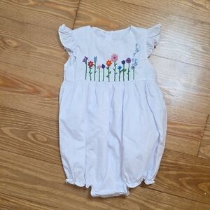 Smockingbird White Romper with Floral Embroidery Sz 2